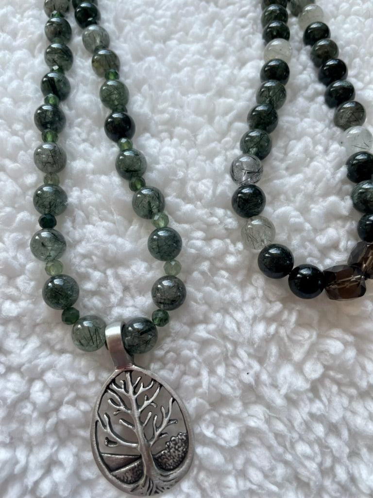 Green Tourmaline Rutile Quartz Mala with Tree Pendant