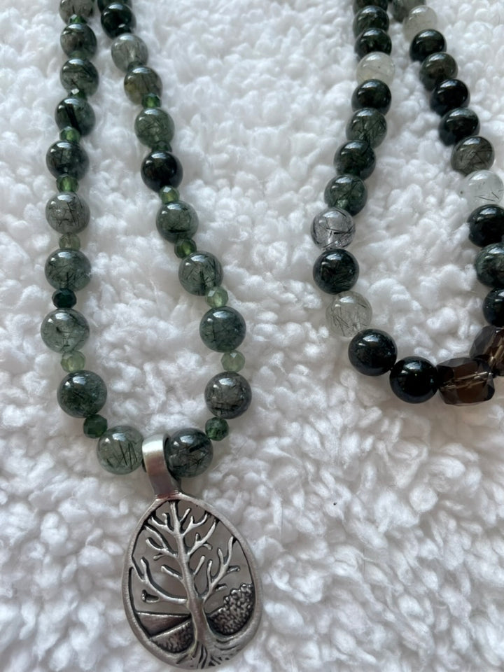 Green Tourmaline Rutile Quartz Mala with Tree Pendant