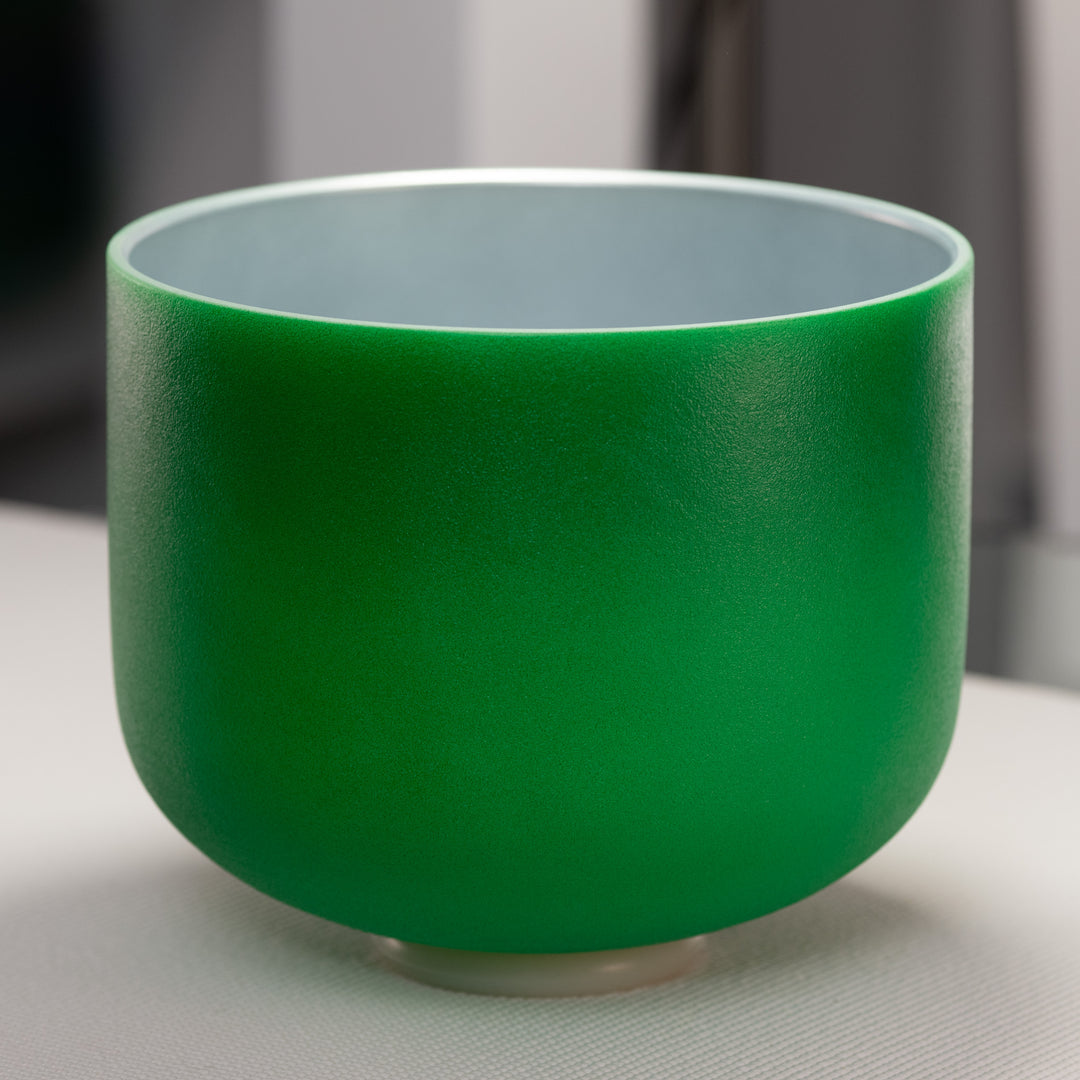 11" F#-28 Emerald Heart Frosted Crystal Singing Bowl, Silver inside from Bowls of Sound