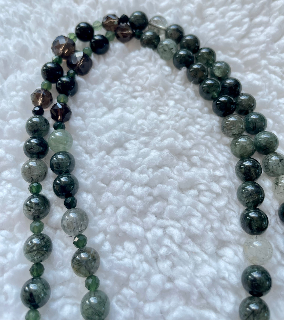 Green Tourmaline Rutile Quartz Mala with Tree Pendant