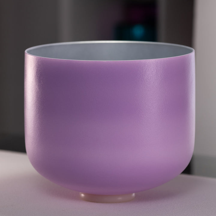 13" F+5 Lilac Blossom Frosted Crystal Singing Bowl, Silver inside