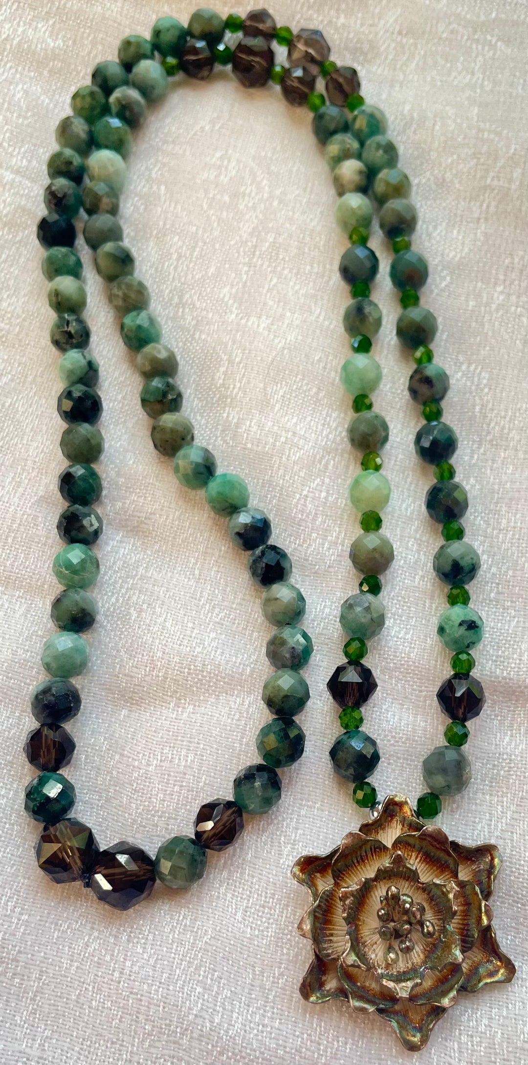 Emerald Mala with Peony pendant