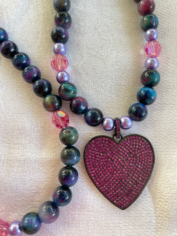 Cosmic Tiger Eye Mala with Heart pendant