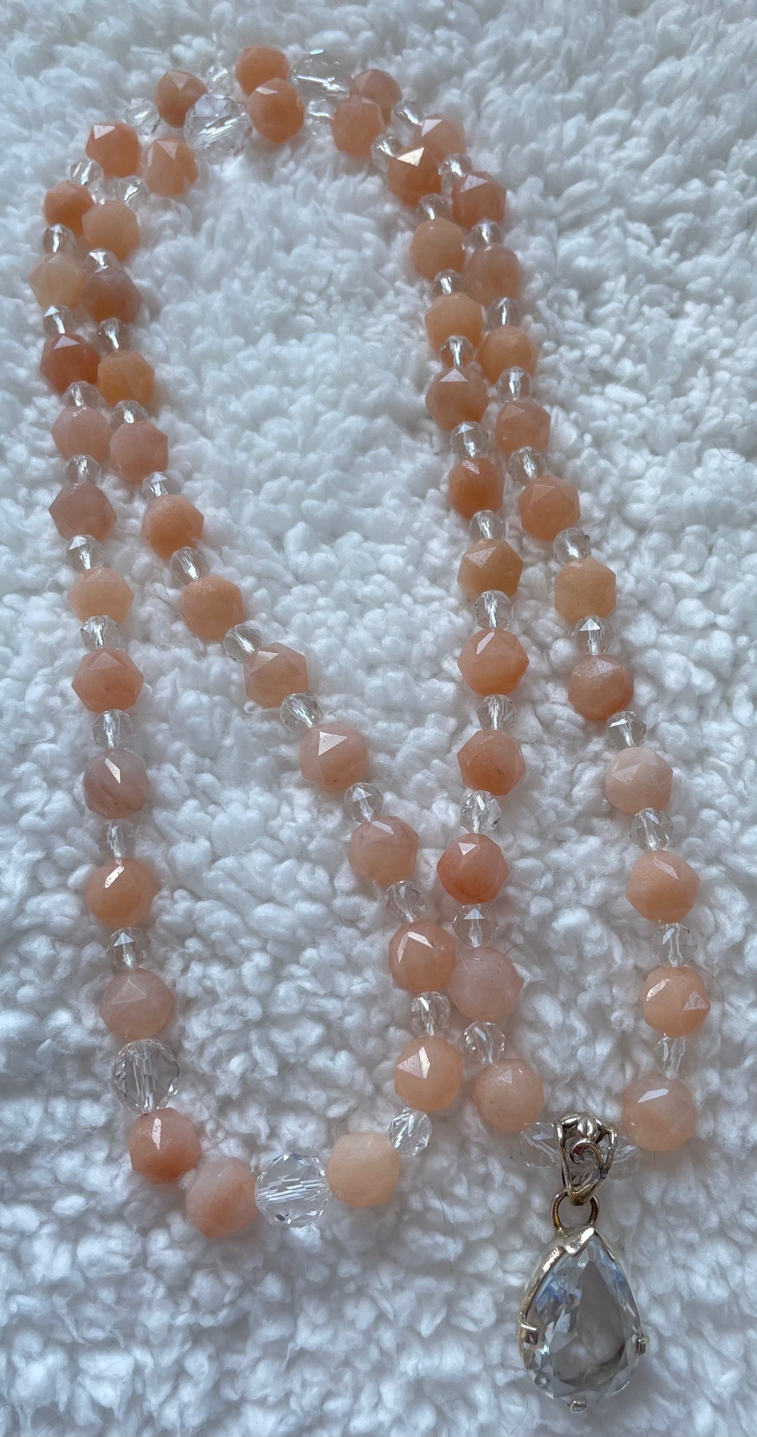 Orange Aventurine & Clear Quartz Mala with Clear Quartz pendant