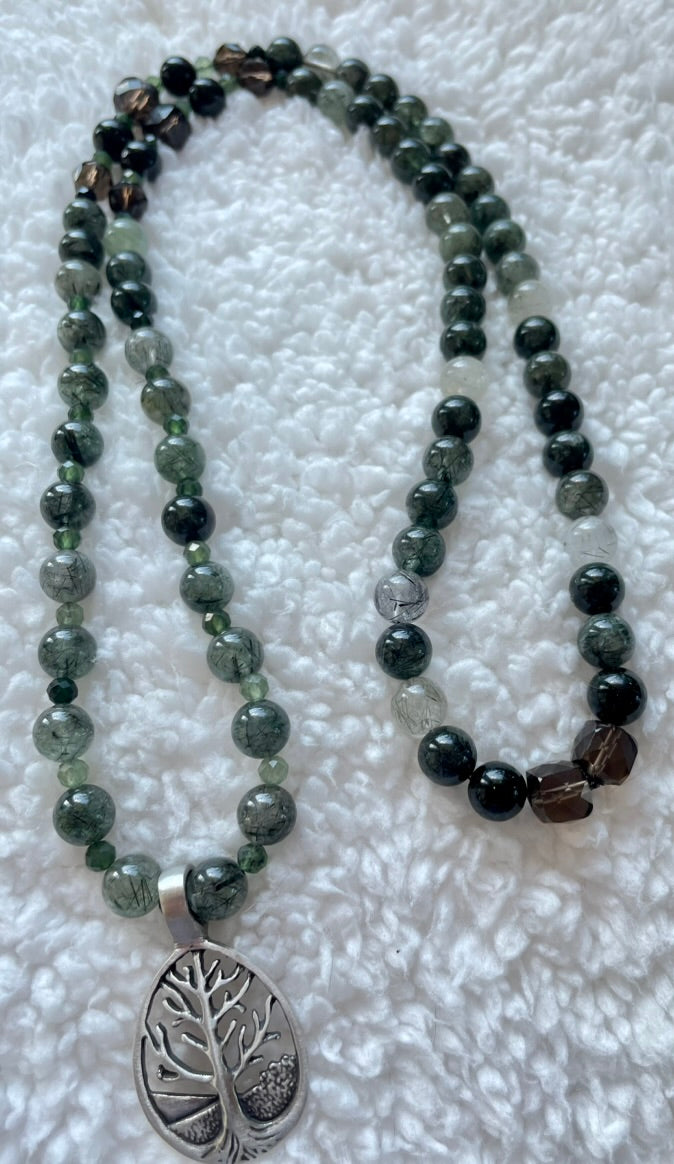 Green Tourmaline Rutile Quartz Mala with Tree Pendant