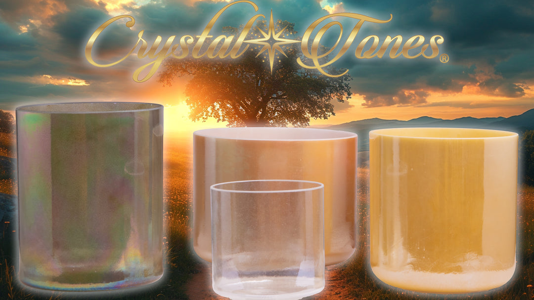 A set of four crystal singing bowls in different sizes and colors, with the brand 'Crystal Tones' displayed above.