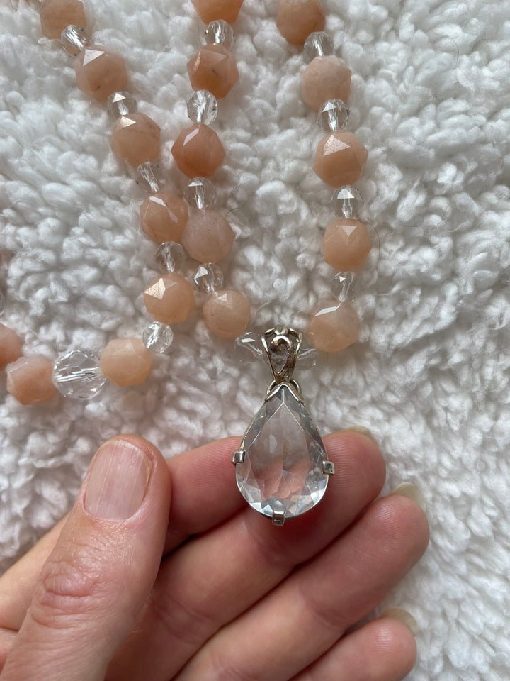 Orange Aventurine & Clear Quartz Mala with Clear Quartz pendant