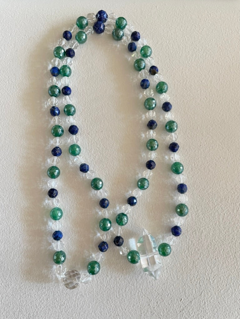 Faceted Clear Quartz, Lapis Lazuli & Green Agate Mala