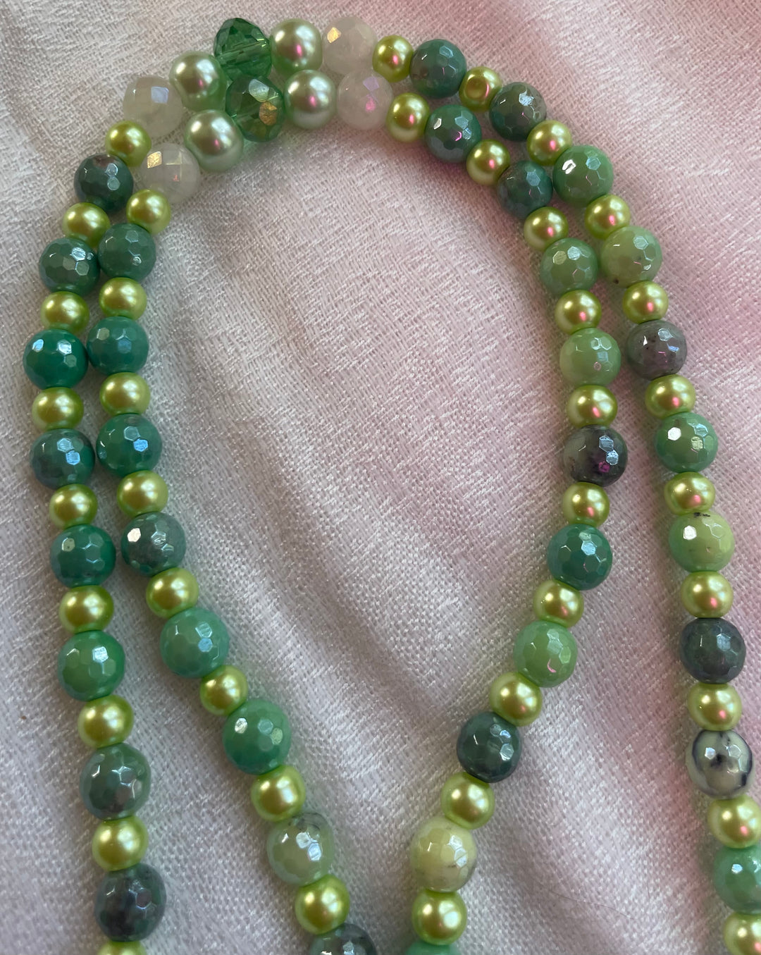 Green Opal & Glass Pearl Mala with Tree pendant
