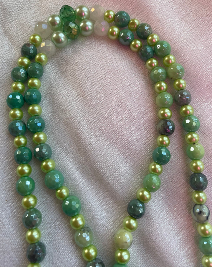 Green Opal & Glass Pearl Mala with Tree pendant