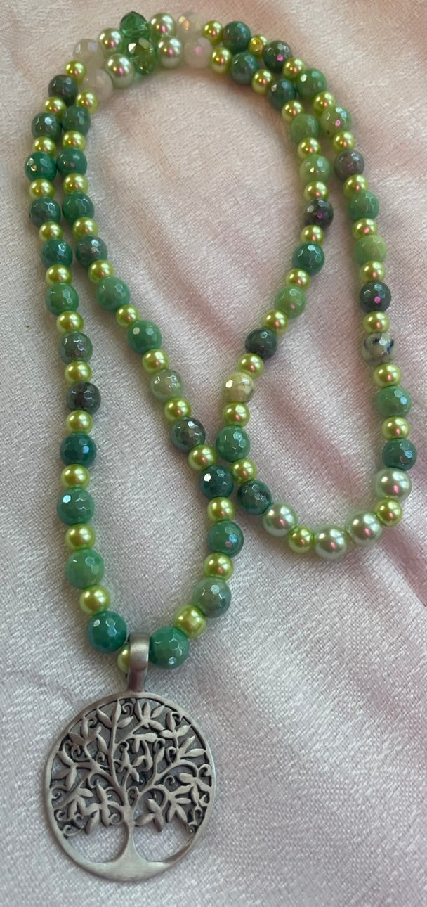 Green Opal & Glass Pearl Mala with Tree pendant