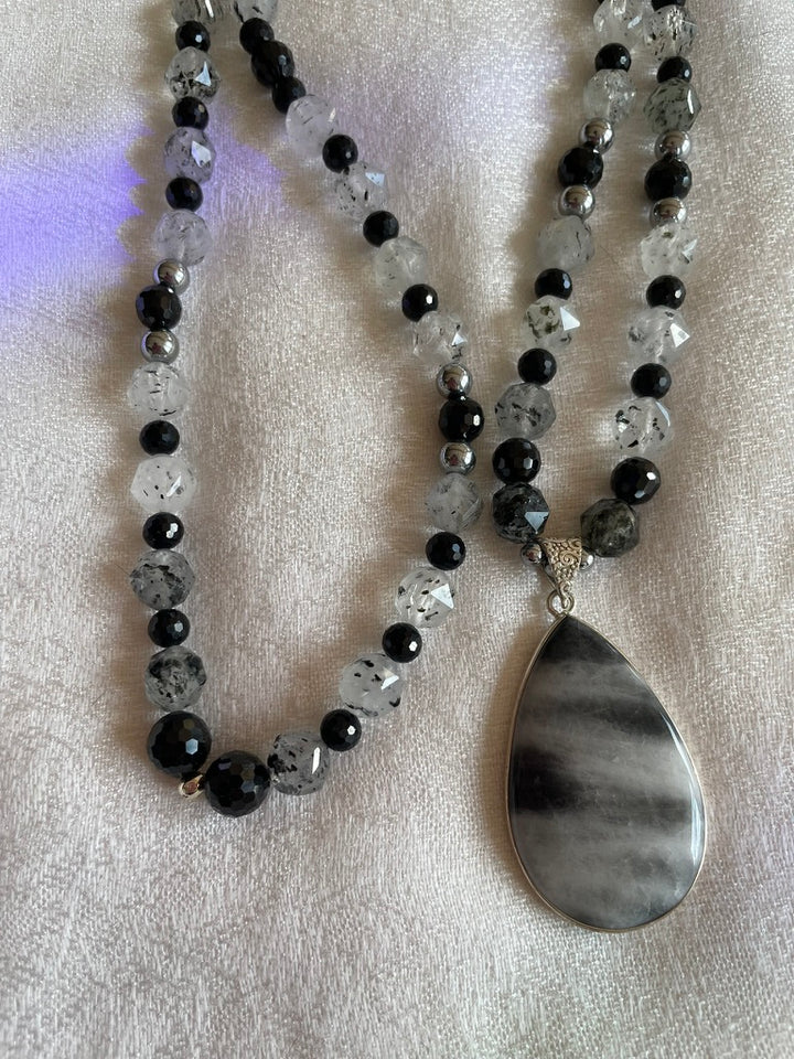 Faceted Tourmalinated Quartz & Black Tourmaline Mala
