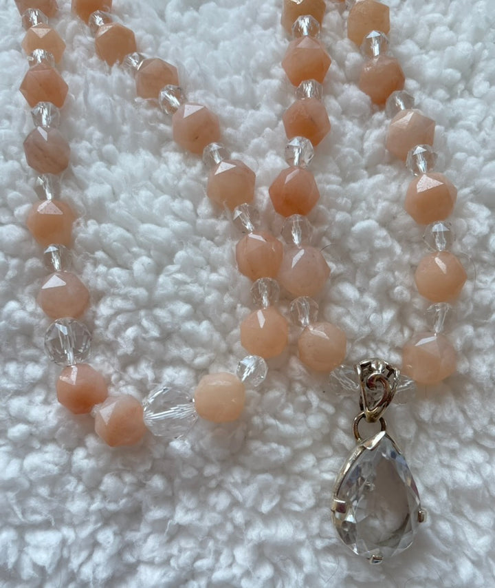 Orange Aventurine & Clear Quartz Mala with Clear Quartz pendant