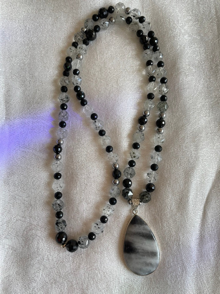 Faceted Tourmalinated Quartz & Black Tourmaline Mala