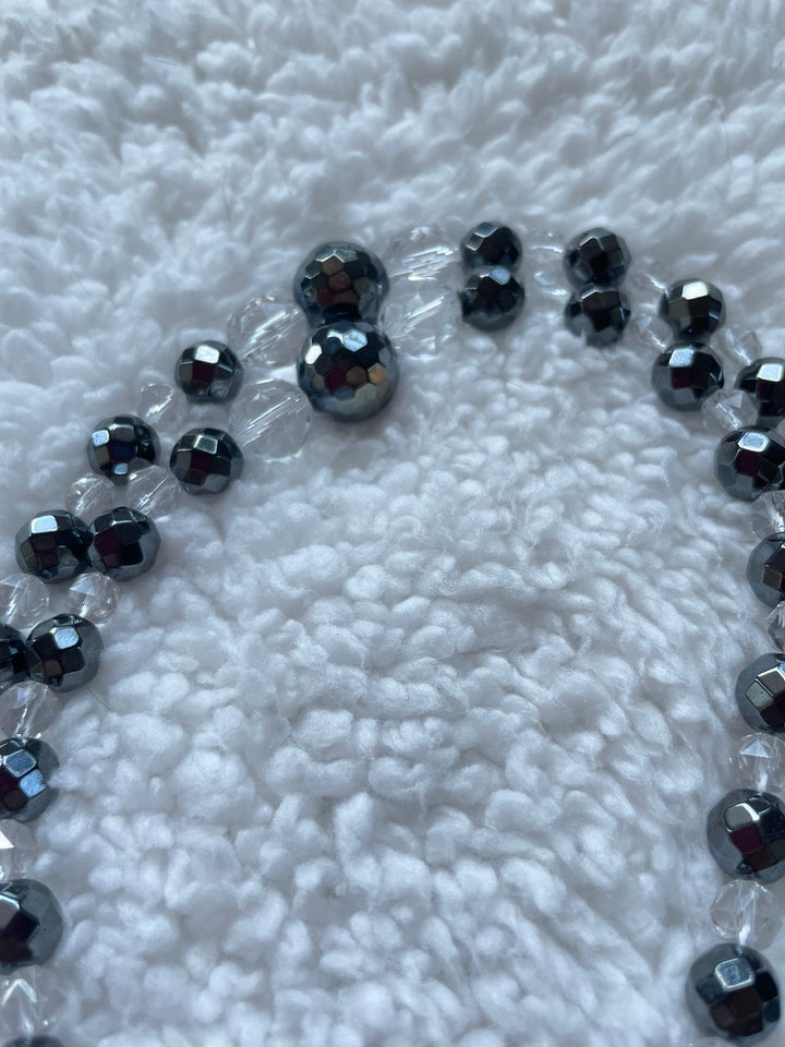 Faceted Hematite & Clear Quartz Mala with Larvikite pendant