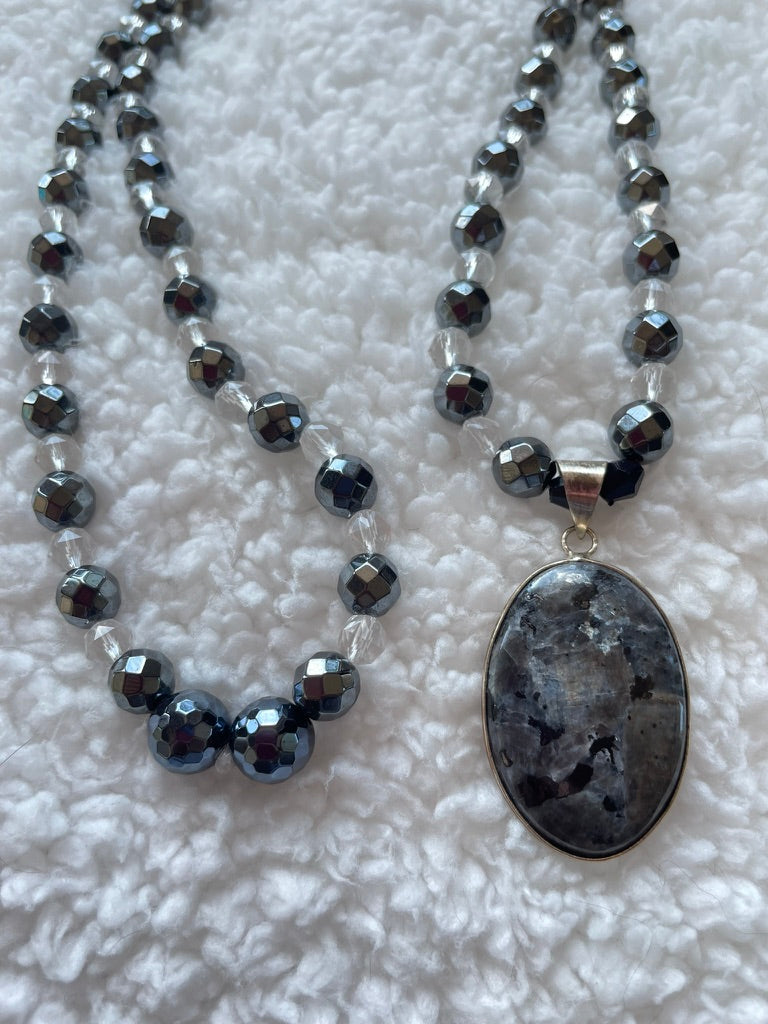 Faceted Hematite & Clear Quartz Mala with Larvikite pendant