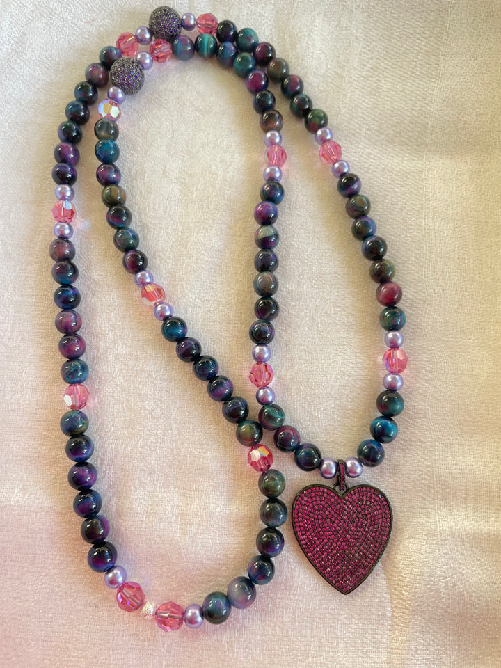 Cosmic Tiger Eye Mala with Heart pendant