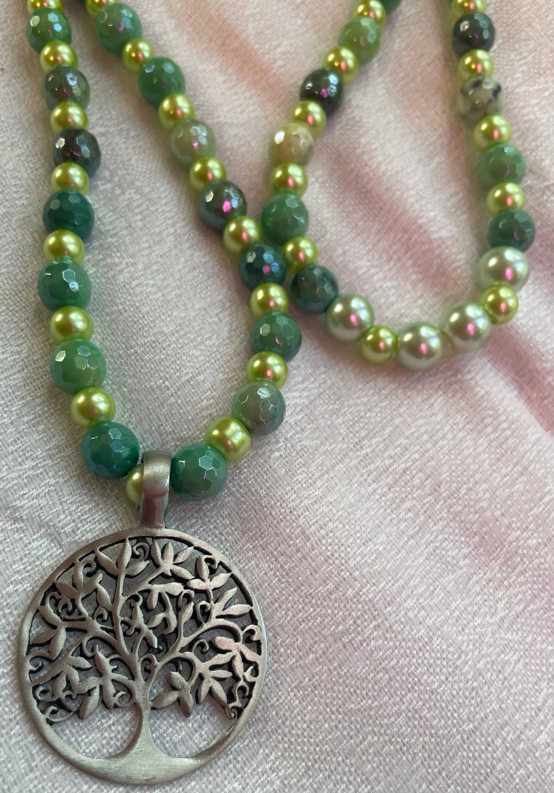 Green Opal & Glass Pearl Mala with Tree pendant