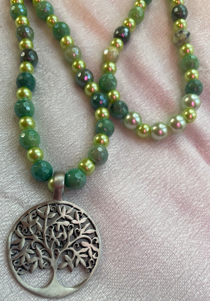 Green Opal & Glass Pearl Mala with Tree pendant