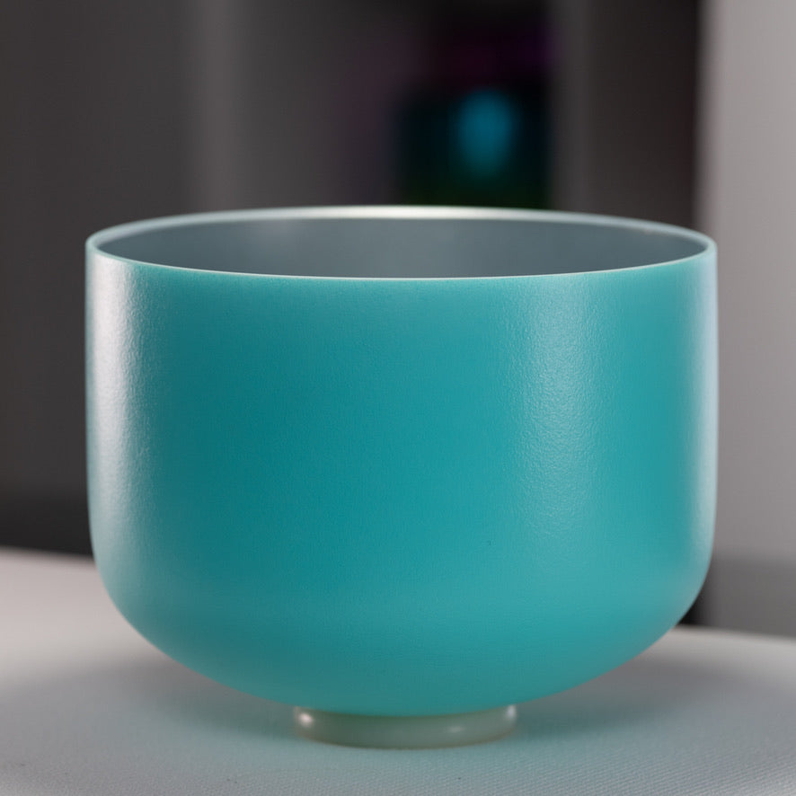 12" C+5 Frosted Turquoise Tide Crystal Singing Bowl with Silver inside