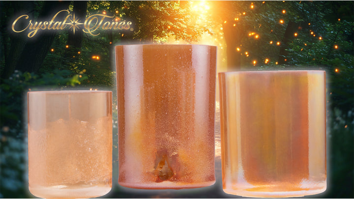 A set of three Crystal Tones Alchemy Bowls in varying sizes with a warm brown color and a sparkling surface, displayed with a logo and text in the background.