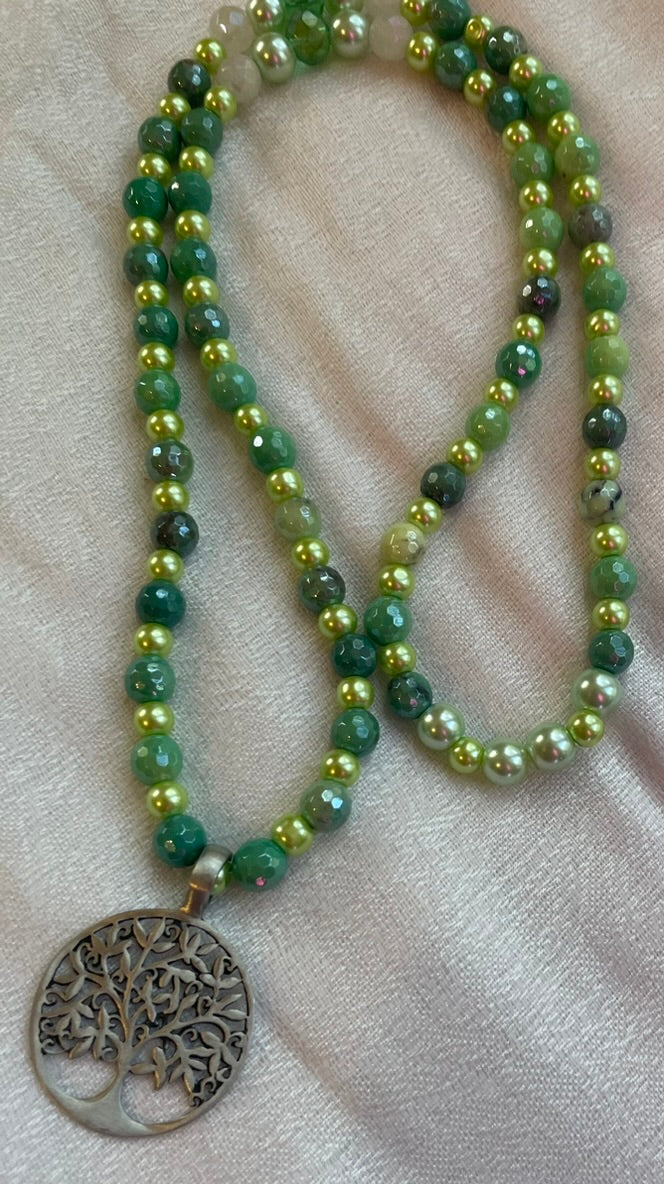 Green Opal & Glass Pearl Mala with Tree pendant