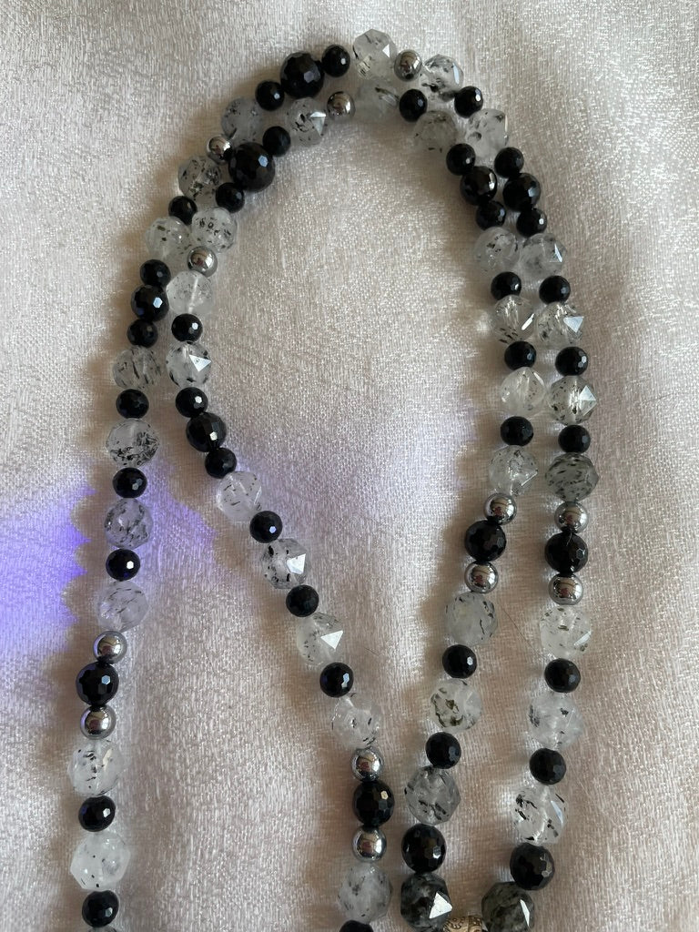 Faceted Tourmalinated Quartz & Black Tourmaline Mala