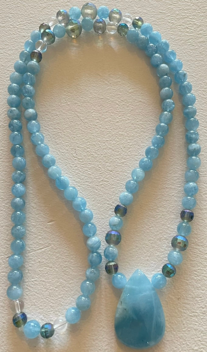 AAA Aquamarine Mala with Aquamarine pendant