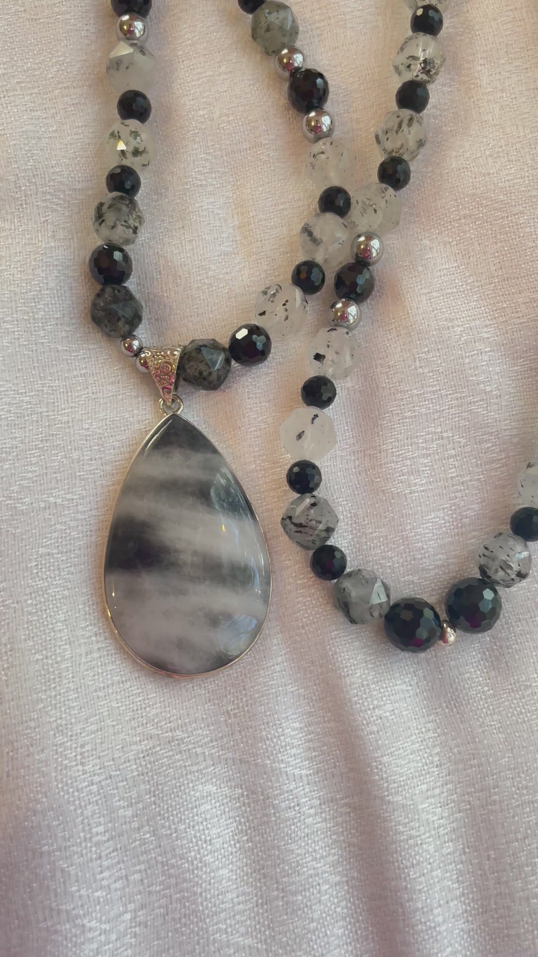 Faceted Tourmalinated Quartz & Black Tourmaline Mala