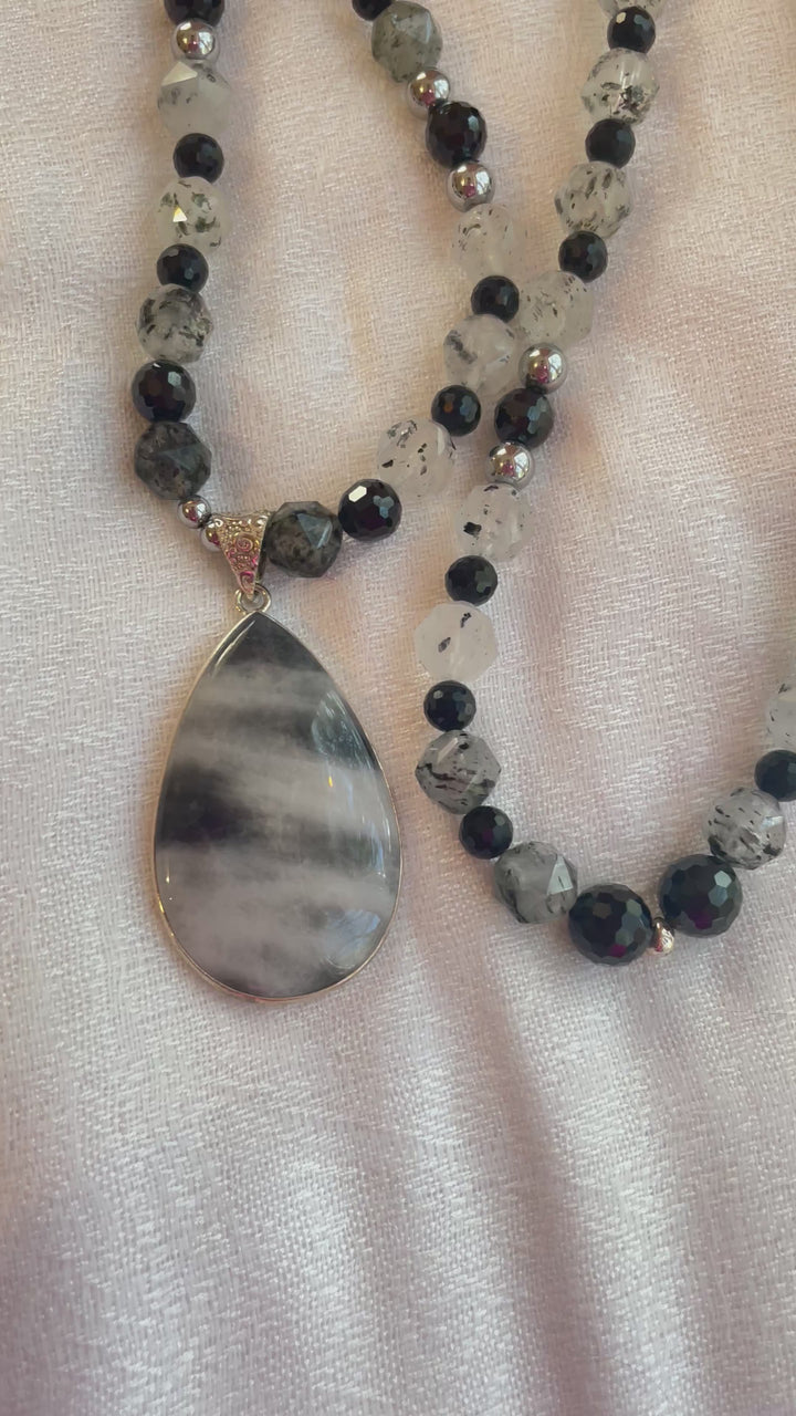 Faceted Tourmalinated Quartz & Black Tourmaline Mala