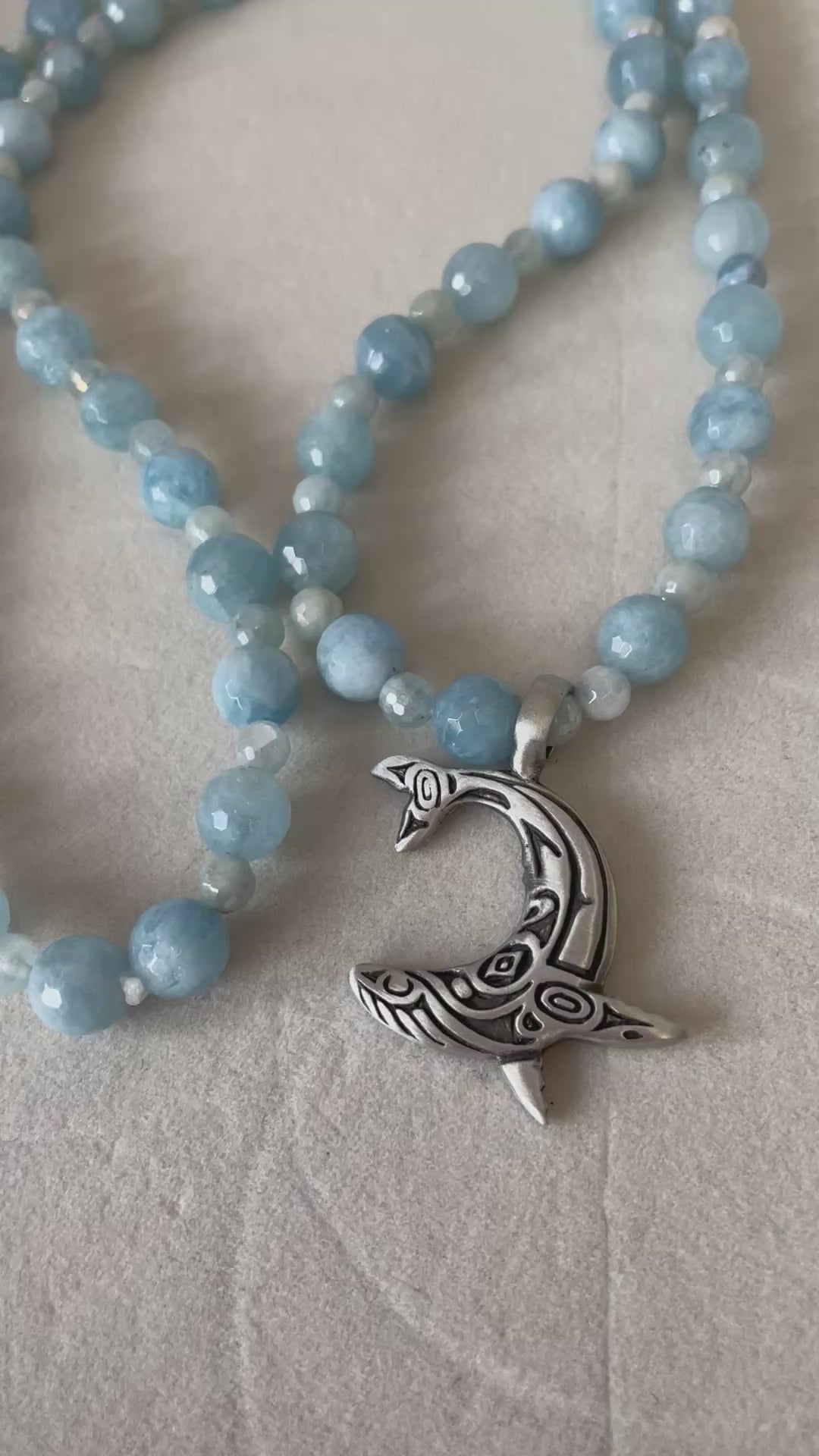 Faceted Aquamarine Mala with Whale pendant
