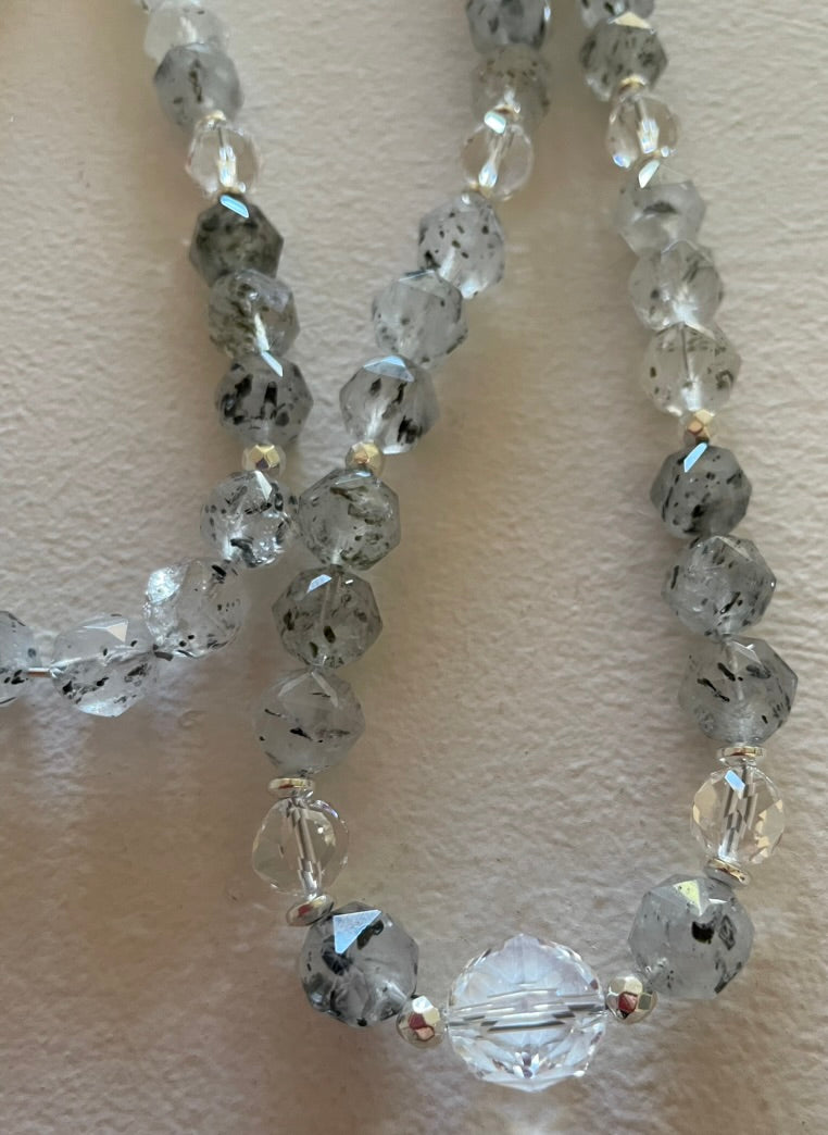 Black Mica in Clear Quartz Necklace, long