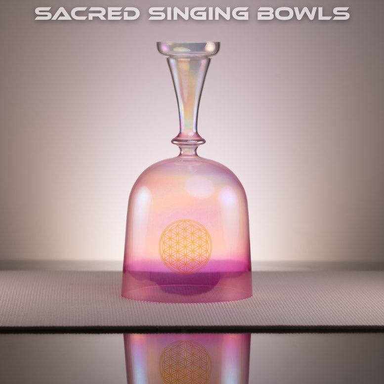 8" E-41 Divine Light Crystal Singing Chalice: Pink & White with Flower of Life, Sacred Singing Bowls