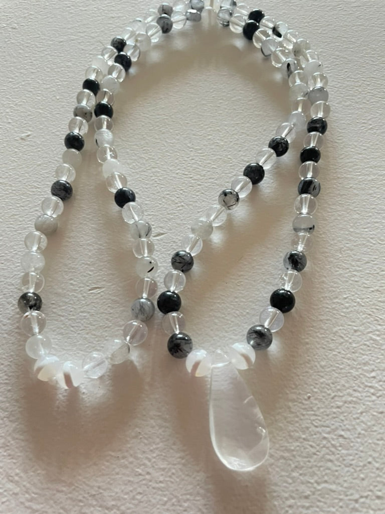 Clear & Tourmalinated Quartz Mala