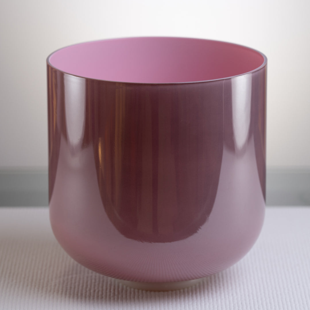 A 10-inch Autumn Rose colored singing bowl made from quartz crystal, displayed against a neutral background.