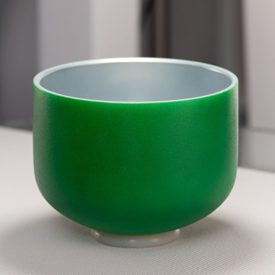 10" B+0 Emerald Heart Frosted Crystal Singing Bowl, Silver inside from Bowls of Sound