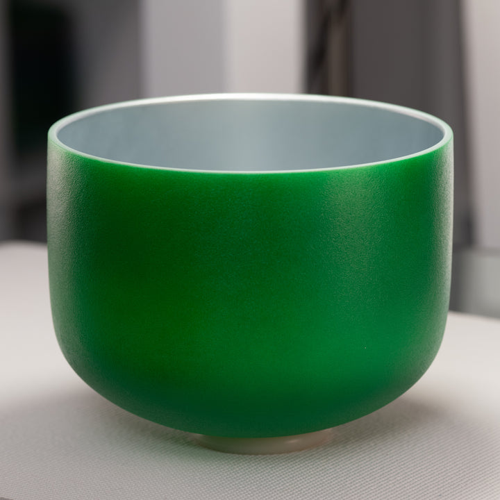 12" F+1 Emerald Heart Frosted Crystal Singing Bowl, Silver inside from Bowls of Sound