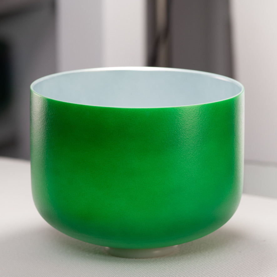 12" G#+6 Emerald Heart Frosted Crystal Singing Bowl, Silver inside from Bowls of Sound
