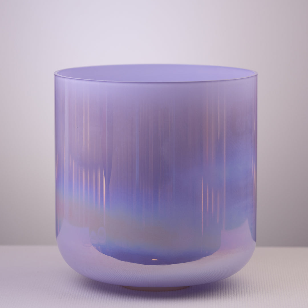A 14.25 inch D-19 Lilac Blossom Sacred Singing Bowl with a prismatic finish, displayed against a neutral background.