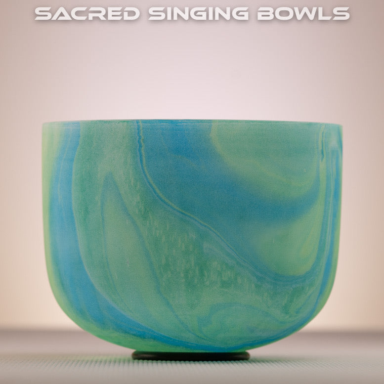 10" F+10 Blue Green Swirl Frosted Crystal Singing Bowl, Perfect Pitch, Sacred Singing Bowls