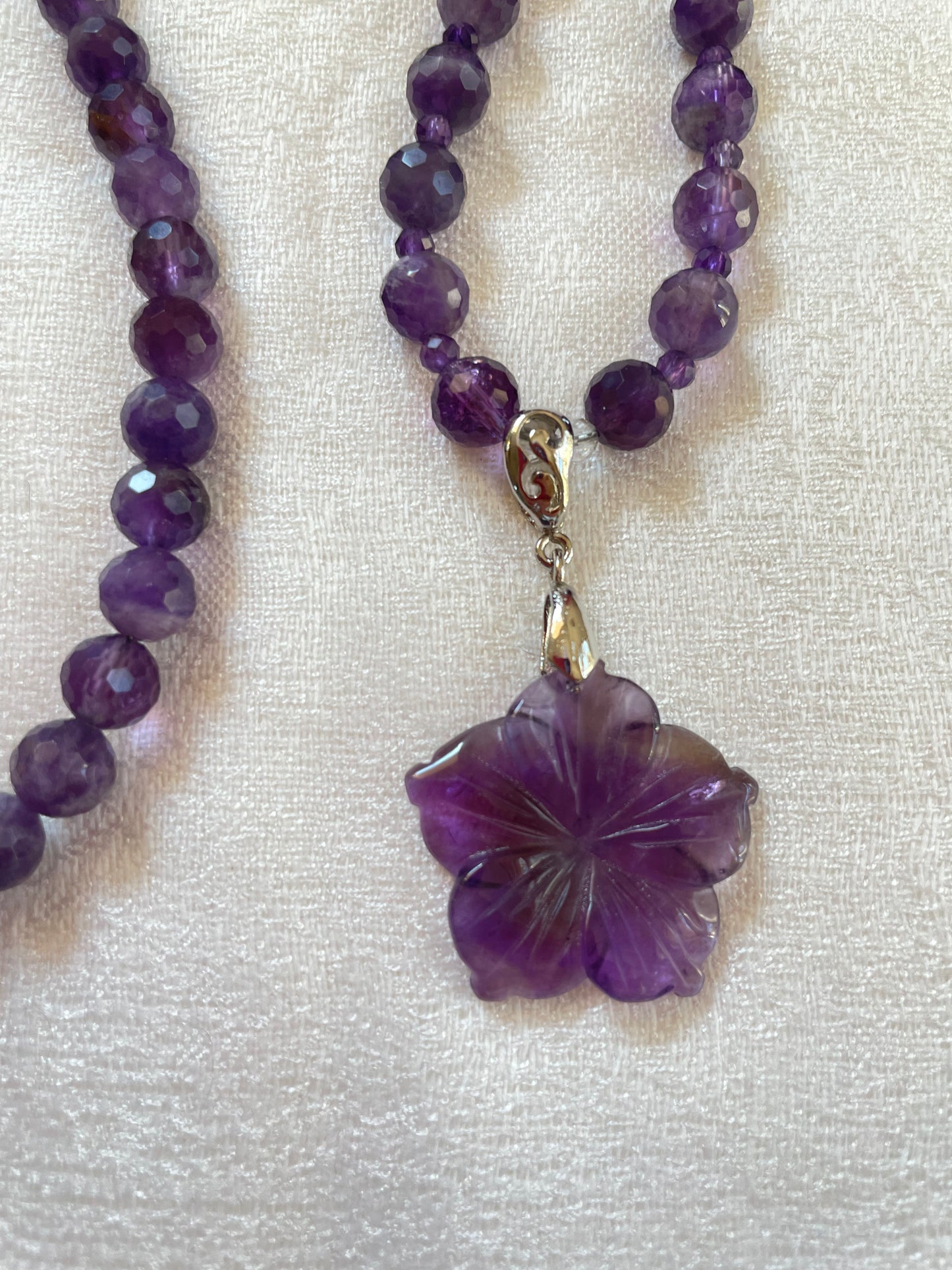 Faceted Amethyst Mala with Amethyst Flower Pendant