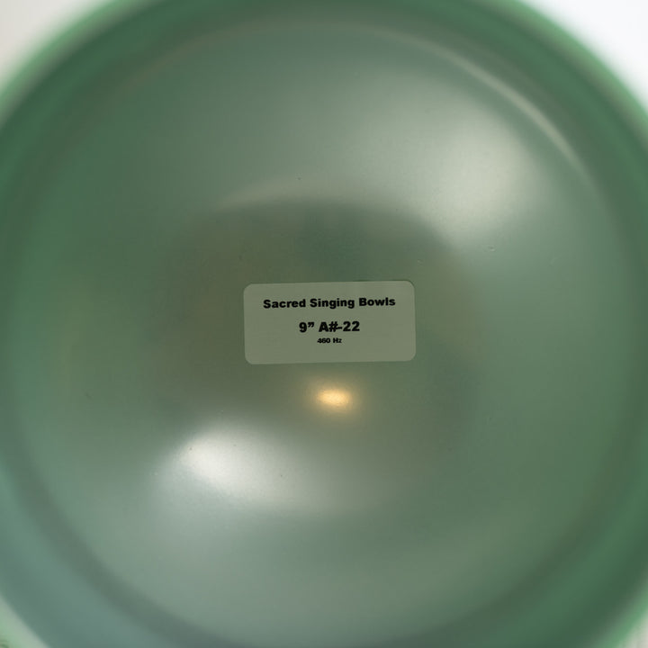 9" A#-22 Emerald Heart Frosted Crystal Singing Bowl, Silver inside