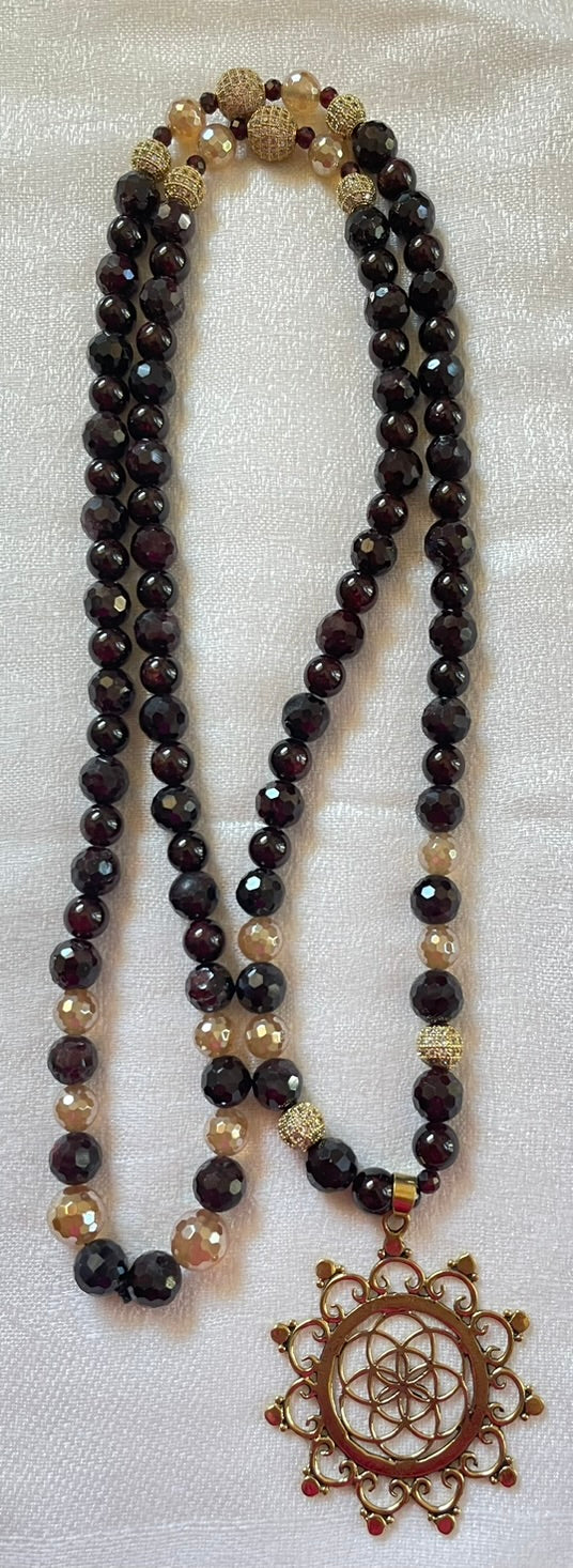 Garnet Mala with Seed of Life Sacred Geometry pendant