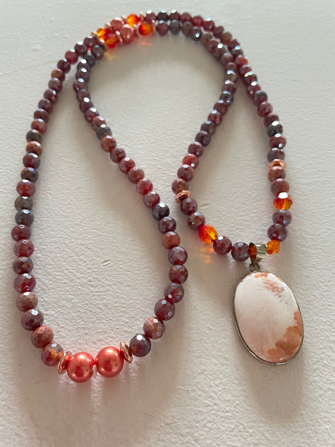 Faceted Fire Quartz Mala with White and Peach Scolecite pendant