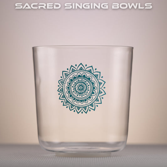 7.5" G-9 Clear Quartz with Throat Chakra Symbol, Sacred Singing Bowls