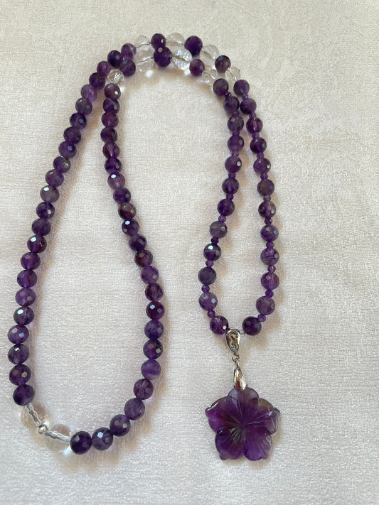 Faceted Amethyst Mala with Amethyst Flower Pendant