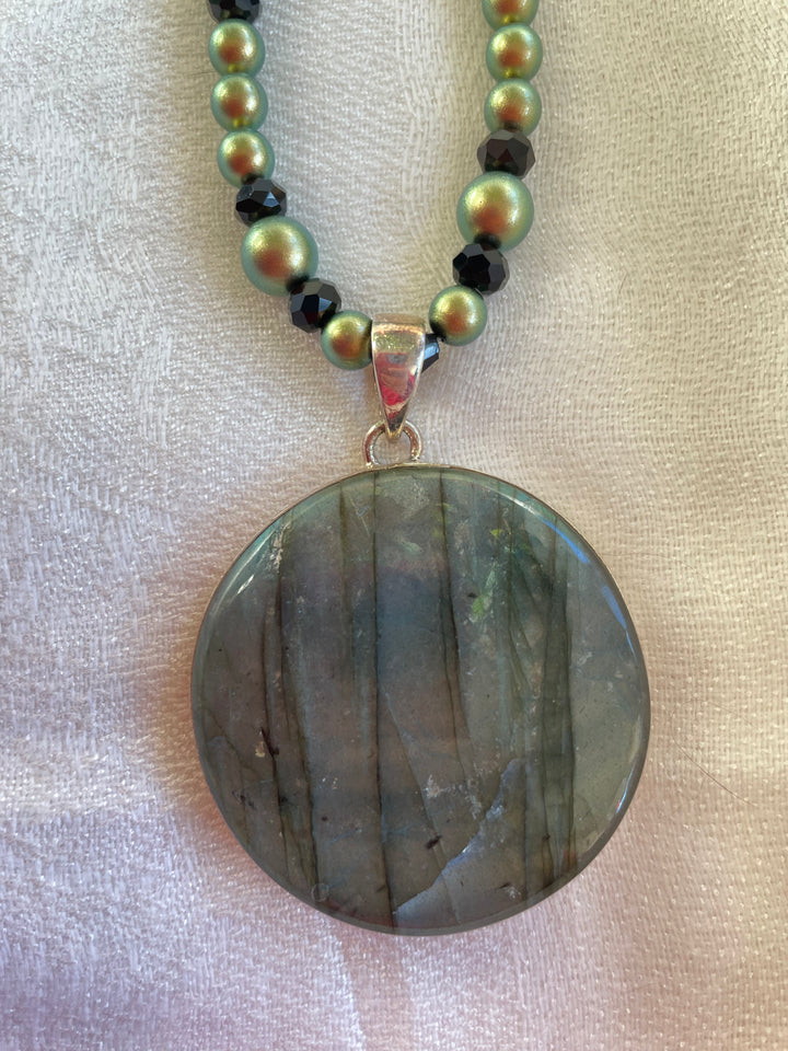 Glass Bead Necklace with Large Labradorite pendant