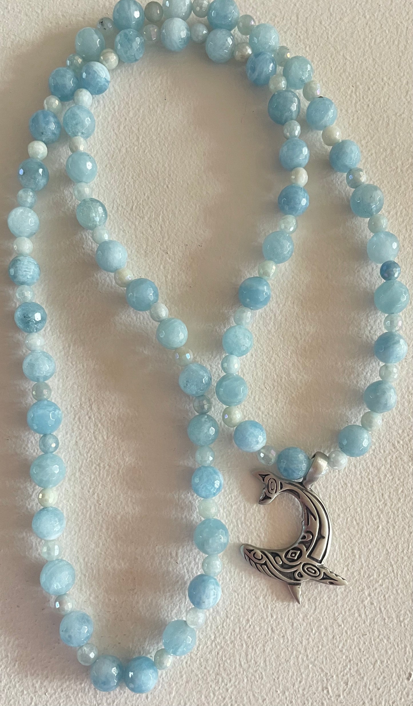 Faceted Aquamarine Mala with Whale pendant