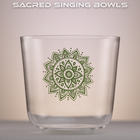 8" F Clear Quartz with Chakra Symbol, Sacred Singing Bowls