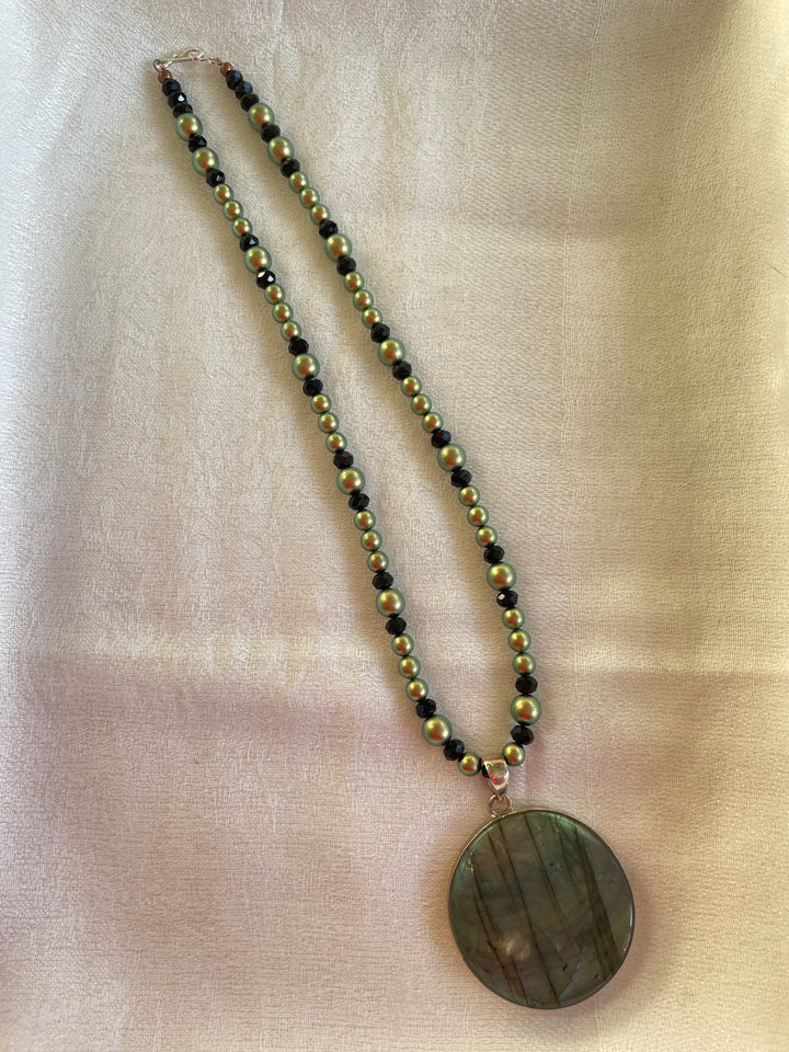 Glass Bead Necklace with Large Labradorite pendant